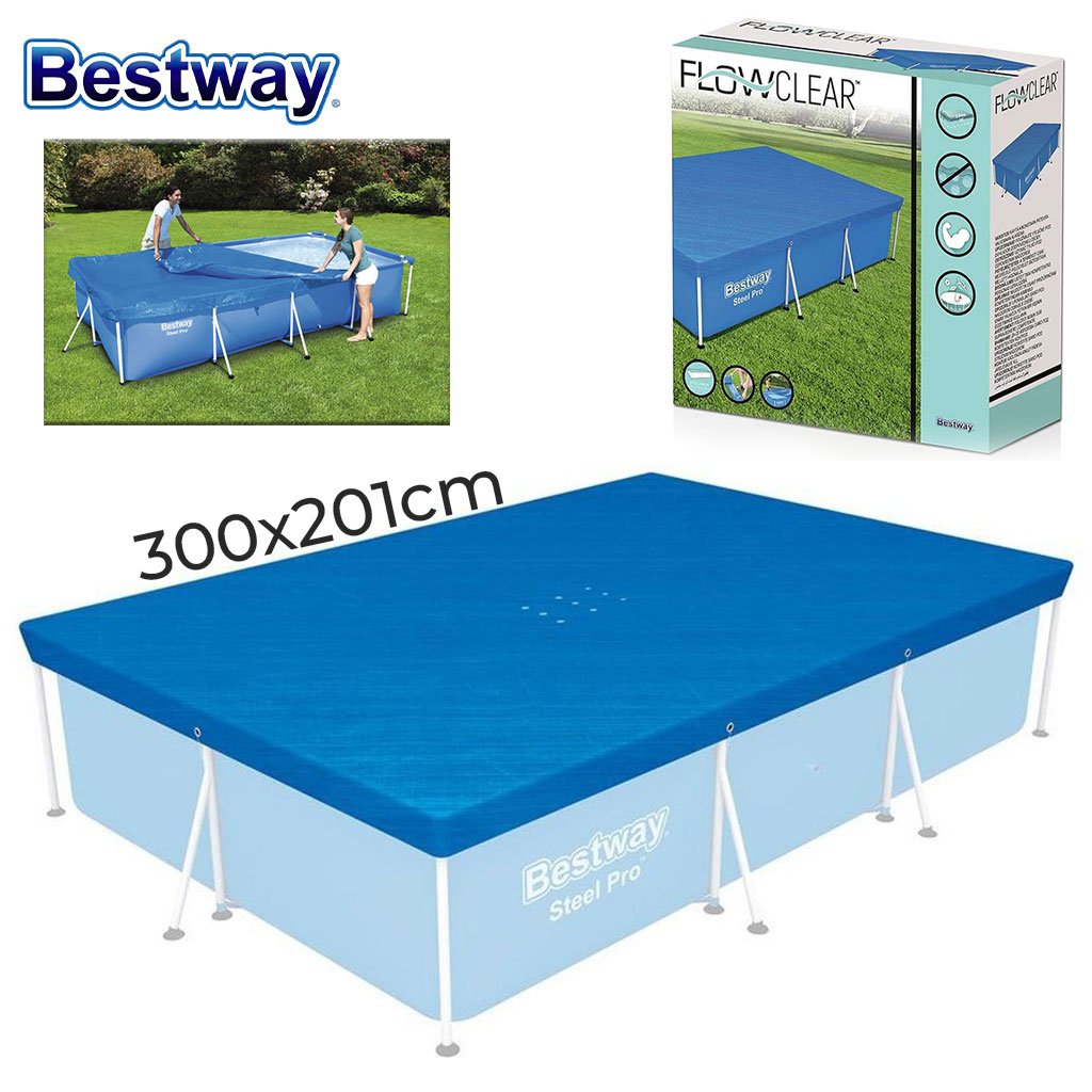Bestway-58106-cnc-1.jpg Grand bâche de piscine rectangulaire en polyéthylène 300 x 201 cm Bestway 58106 – غطاء مسبح - الصورة 1