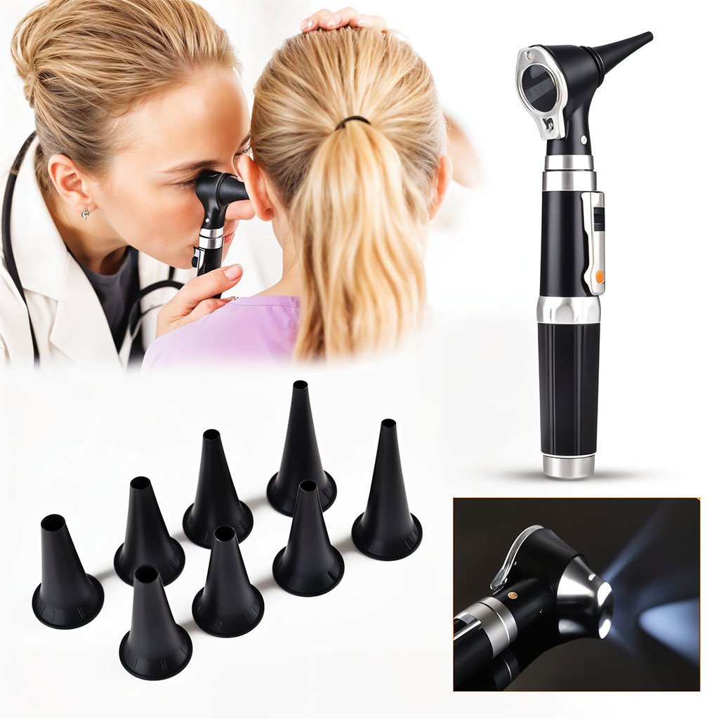 Otoscope-cnc-1.jpg Otoscope 3X avec LED loupe de contrôle d’oreille portable avec 8 capuchons – جهاز فحص الأذن - الصورة 1