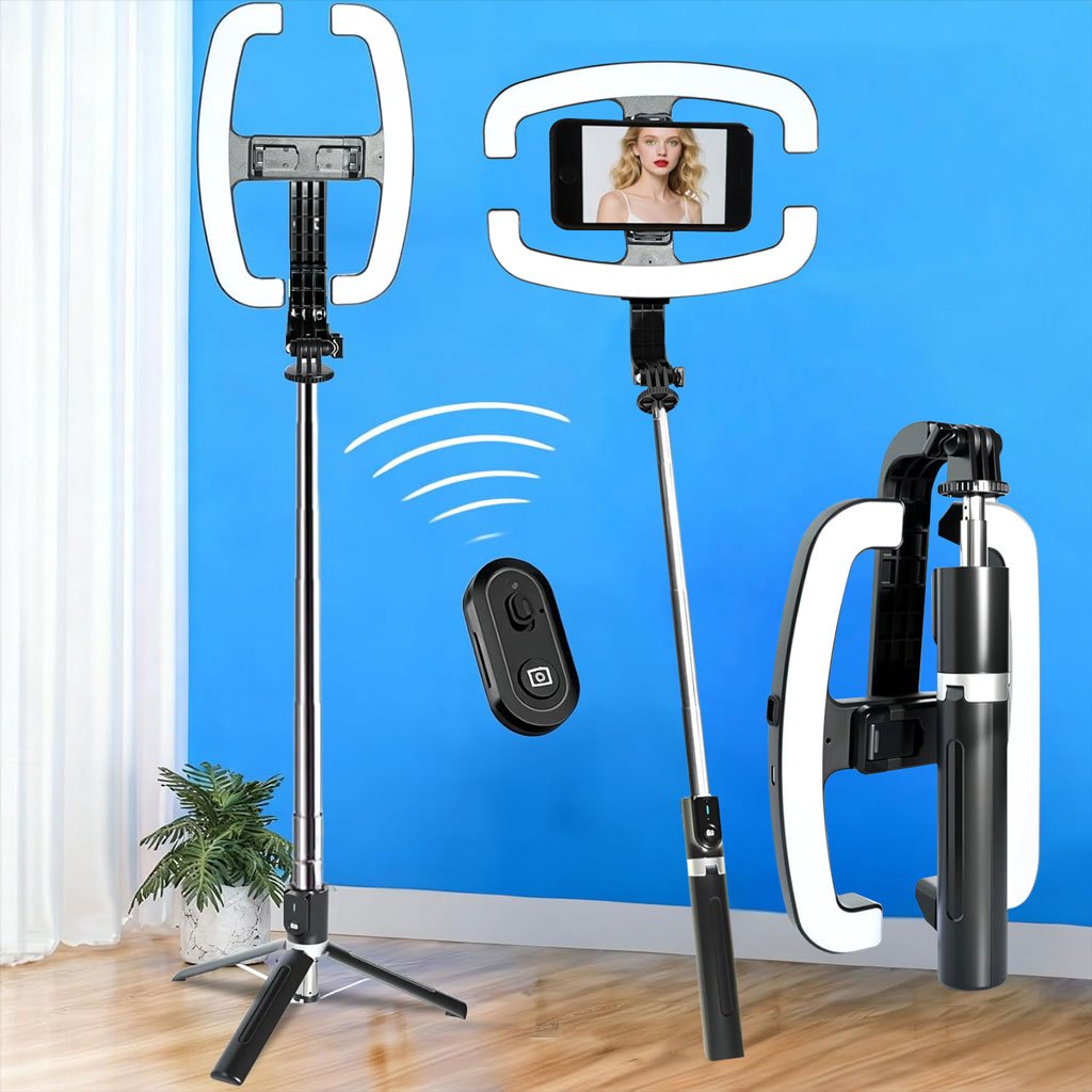 P99W-cnc-1.jpg Perche à Selfie Extensible avec Support pour Téléphone et Lampe LED – عصا سيلفي مع إضاءة مدمجة ويد تحكم - الصورة 1