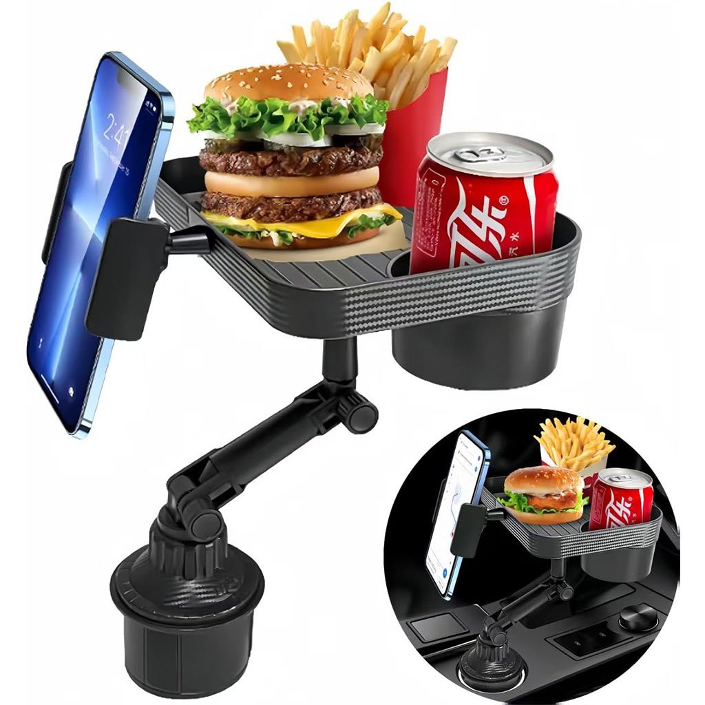 QY-53-CNC-1.jpg Plateau et Porte-Gobelet avec Support Téléphone pour Voiture – حامل مأكولات ومشروبات مع موضع للهاتف - الصورة 1