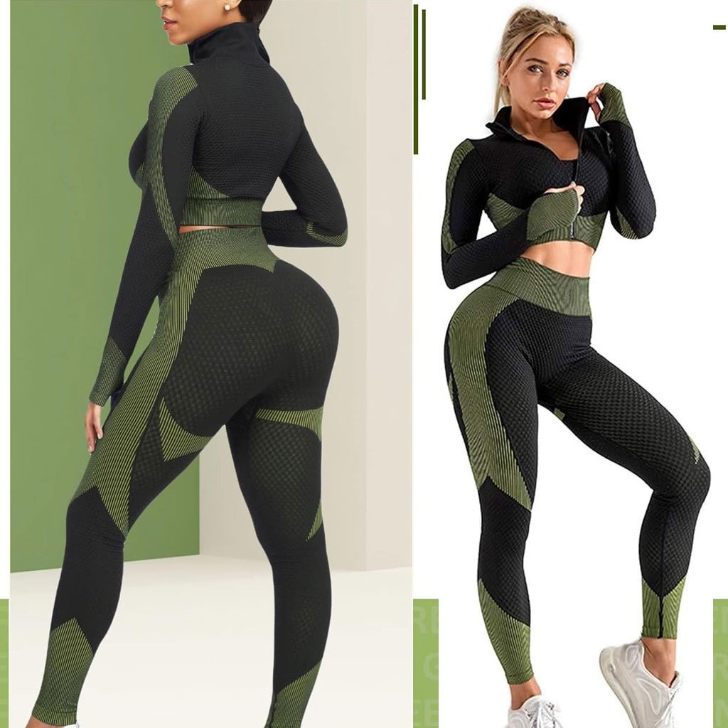 Tenue-femmes-gym-cnc-vert.jpg Ensembles d'entraînement pour femmes - Tenue de gymnastique sans couture à 2 pièces Vert - الصورة 1