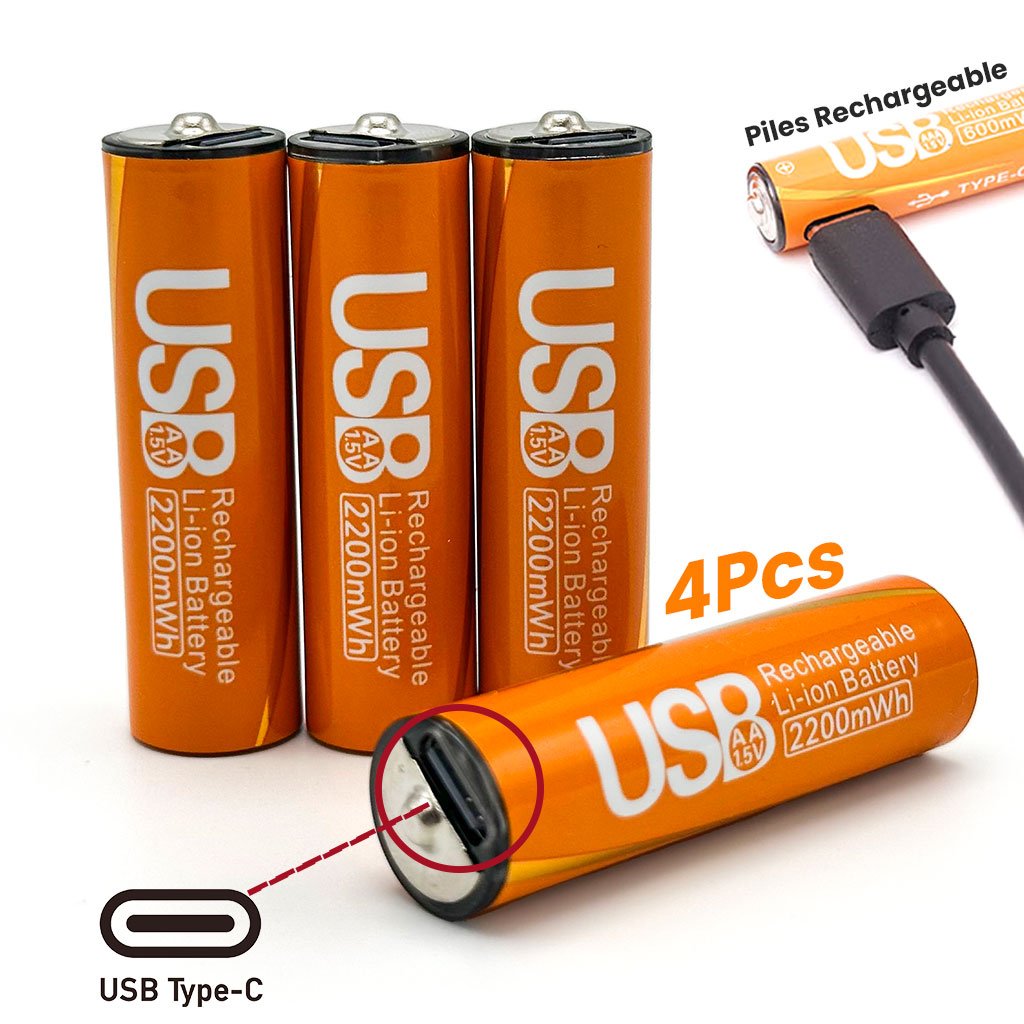 USB-piles-cnc-1.jpg Pack de 4 Piles Rechargeables USB Type-C – AA 1.5V 2200 mAh – علبة من 4 بطاريات قابلة للشحن - الصورة 1