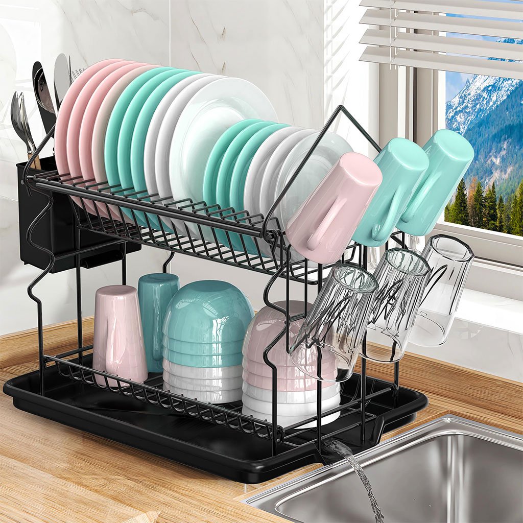 WL2605-CNC-1.jpg Égouttoir à Vaisselle 2 Niveaux avec Porte Ustensiles et Plateau d’égouttement - الصورة 1